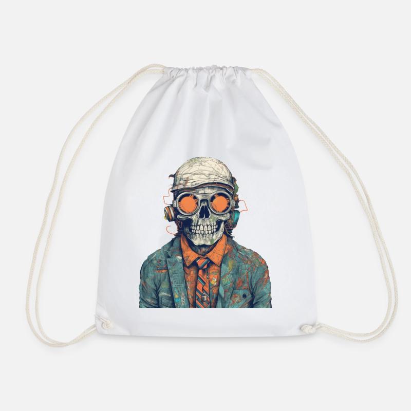 Cool skeleton portrait with sunglasses, cap - Drawstring Bag - white