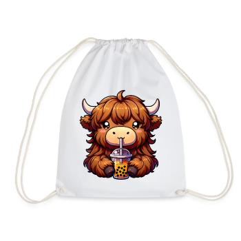 Adorable Highland Cow with Bubble Tea - Drawstring Bag - white - Front