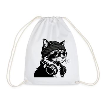 Cat DJ Cosy Black Knit - Drawstring Bag - white - Front