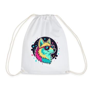 Neon Wolf with Cool Glasses - Drawstring Bag - white - Front
