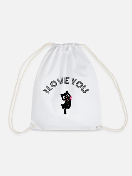 Cute Black Cat I Love You Retro Pink Bow Valentine - Drawstring Bag - white
