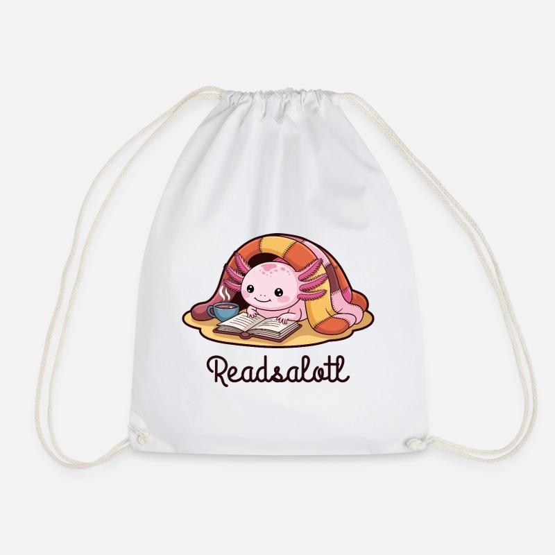 Readsalotl Axolotl Reading Books - Drawstring Bag - white