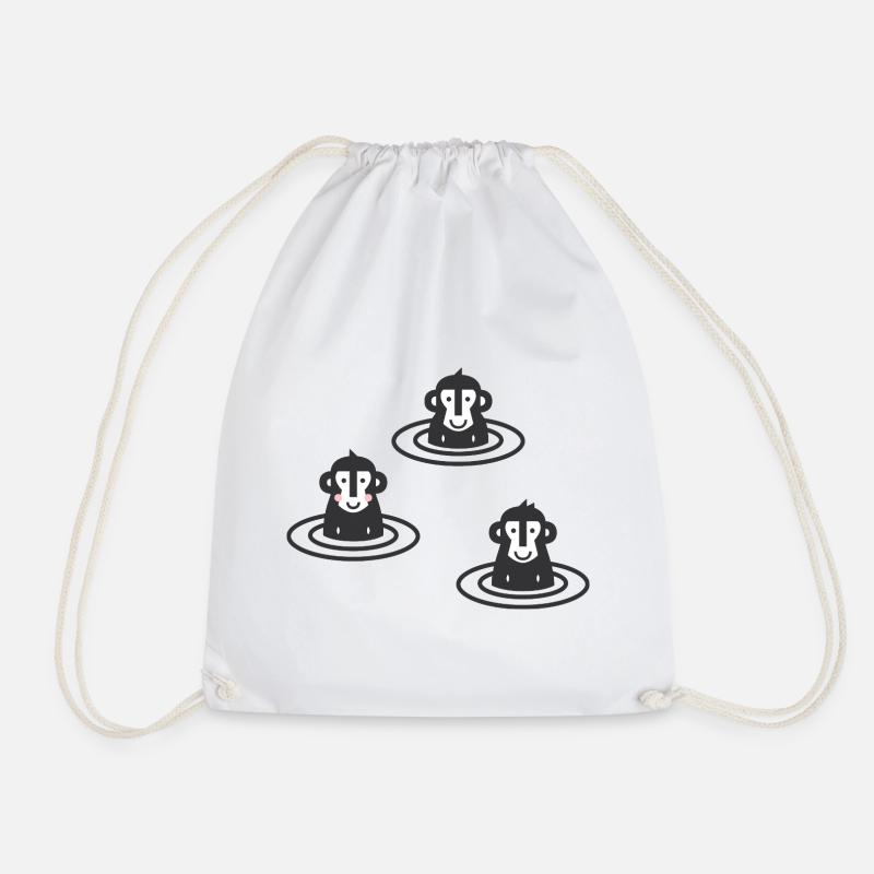 Three Japanese snow monkeys l macaques in onsen l black - Drawstring Bag - white