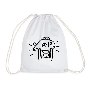 Cat Fishing Fish - Drawstring Bag - white - Front