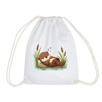 Sleeping Otter at the Pond Cute Animal Motif - Drawstring Bag - white - Front