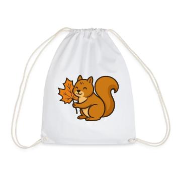 Cute Squirrel with Autumn Leaf Cartoon - Drawstring Bag - white - Front