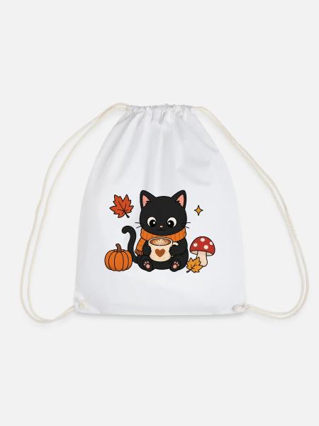 Gemütliche Schwarze Katze Kaffee Herbst Kürbis - Turnbeutel - Weiß