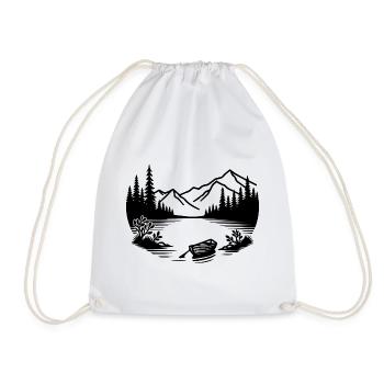 Minimalist mountain lake with rowing boat - Drawstring Bag - white - Front