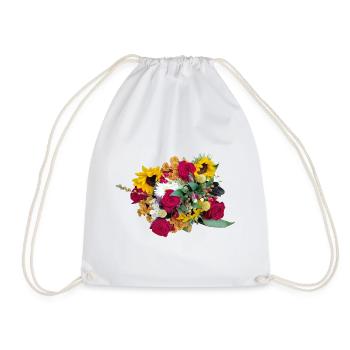 Farbwildes Blütenbouquet Rosen Sonnenblumen - Turnbeutel - Weiß - Vorne