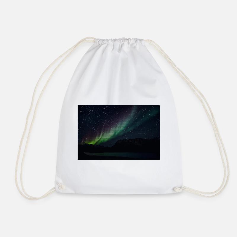 Northern Lights over Silent Mountain Lake with Triangle Pattern - Drawstring Bag - white