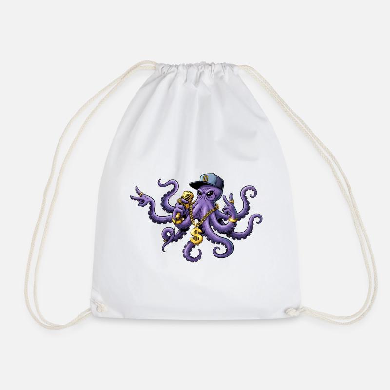 Octopus Rapper with Gold Chain - Drawstring Bag - white