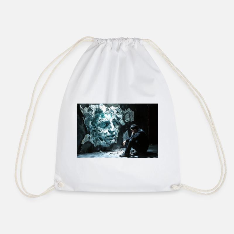 Rock Face and Thoughtful Man - Drawstring Bag - white