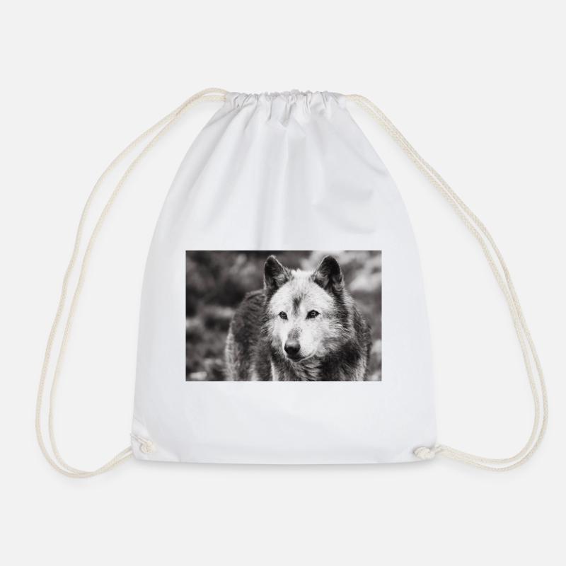 Lone Wolf Black and White - Drawstring Bag - white