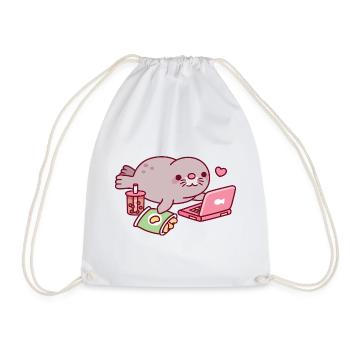 Cute Chonky Seal Chilling With Laptop And Boba Tea - Drawstring Bag - white - Front