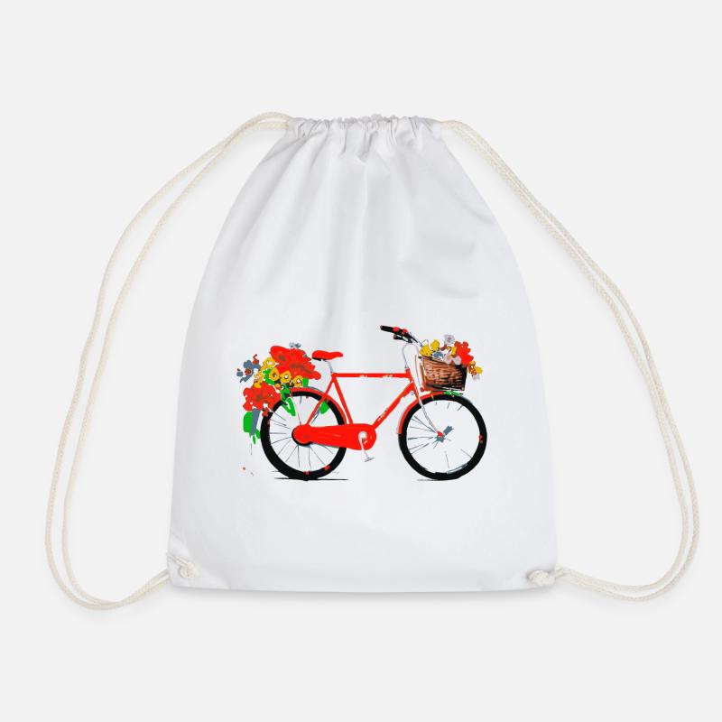 Red Bicycle with Flower Basket - Drawstring Bag - white