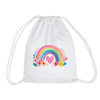 Rainbow with Heart & Flowers – Watercolor Love - Drawstring Bag - white - Front