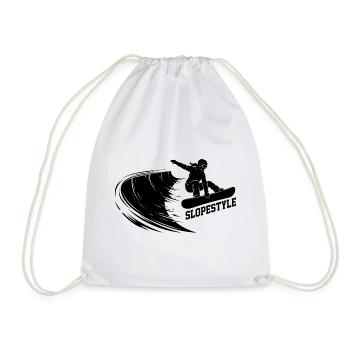 Slopestyle Snowboard Action in the Mountains - Drawstring Bag - white - Front