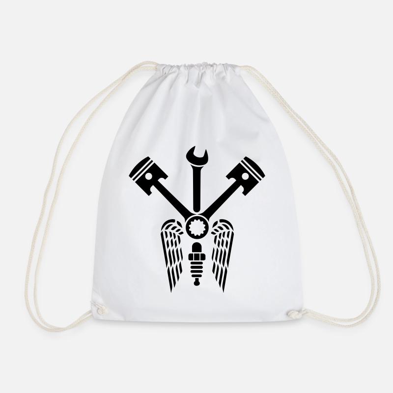 Piston wrench crossed with wings & spark plug - Drawstring Bag - white
