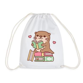 Cute Otter Sits Atop Of Books To Read - Drawstring Bag - white - Front