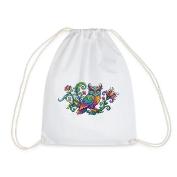 Colorful Owl in Floral Pattern Art Design Motif - Drawstring Bag - white - Front