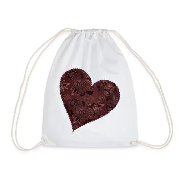 dark red heart in paisley pattern style - Drawstring Bag - white - Front