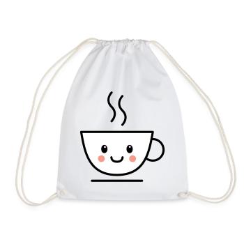 Kaffee, Tee oder Kakao Tasse mit kawaii Gesicht - Turnbeutel - Weiß - Vorne