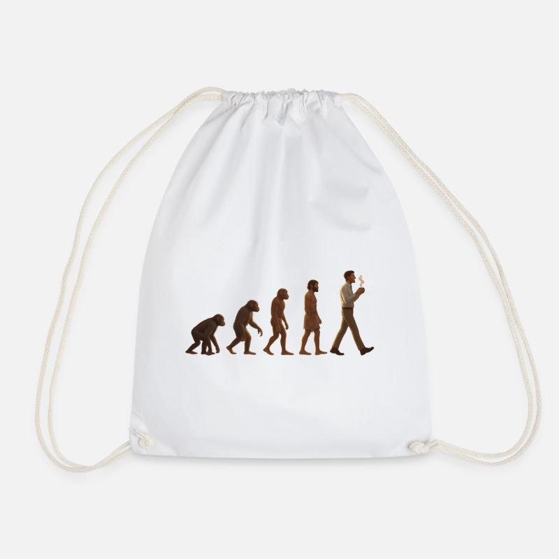 Evolutionary journey: From ape to coffee-drinking man - Drawstring Bag - white