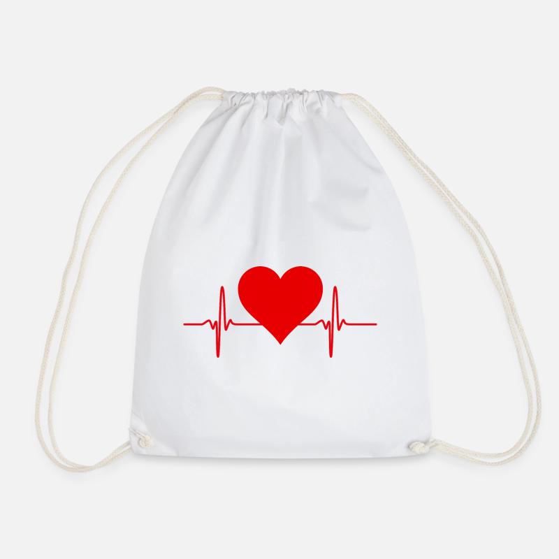 Heart and ECG Line in Red - Drawstring Bag - white