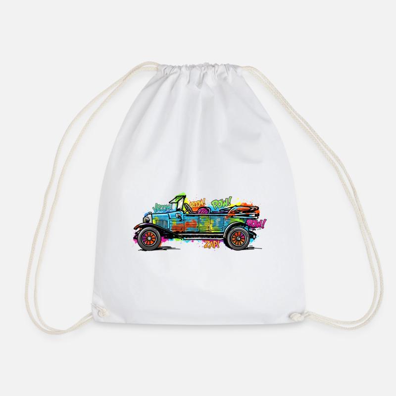 Colorful Comic Car/ Vintage Car Vintage Print - Drawstring Bag - white