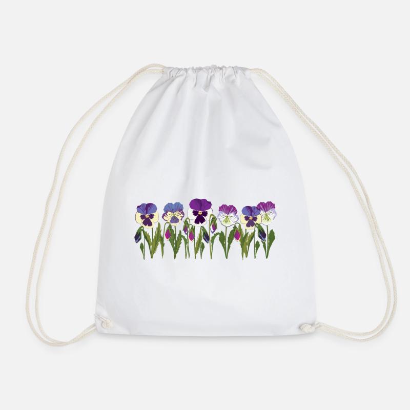 Pansy Flower Row in Purple - Drawstring Bag - white