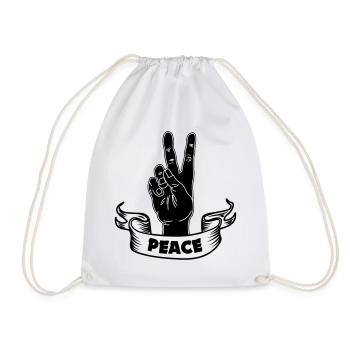 Black hand peace with text PEACE - Drawstring Bag - white - Front