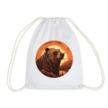 Retro Brown Bear in Canada Mountains Sunset - Drawstring Bag - white - Front