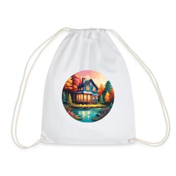 Lakeside House / Cabin / Lake / Mountains / Nature /Forest - Drawstring Bag - white - Front
