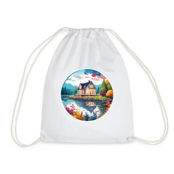 Lakeside House / Cabin / Lake / Mountains / Nature /Forest - Drawstring Bag - white - Front