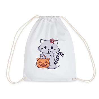 Cat Ghost with Pumpkin Bag - Drawstring Bag - white - Front