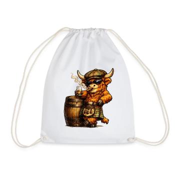 Highland Cattle with Whisky Barrel and Cigar - Drawstring Bag - white - Front