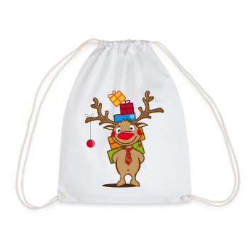 Happy reindeer with many Christmas gifts - Drawstring Bag - white - Front