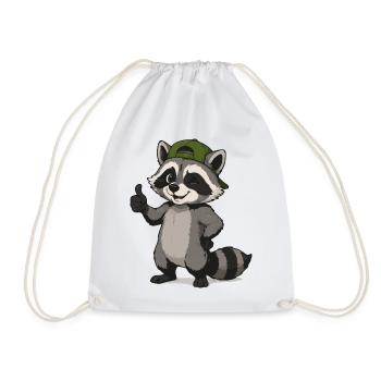 Raccoon with Green Cap Cartoon - Drawstring Bag - white - Front