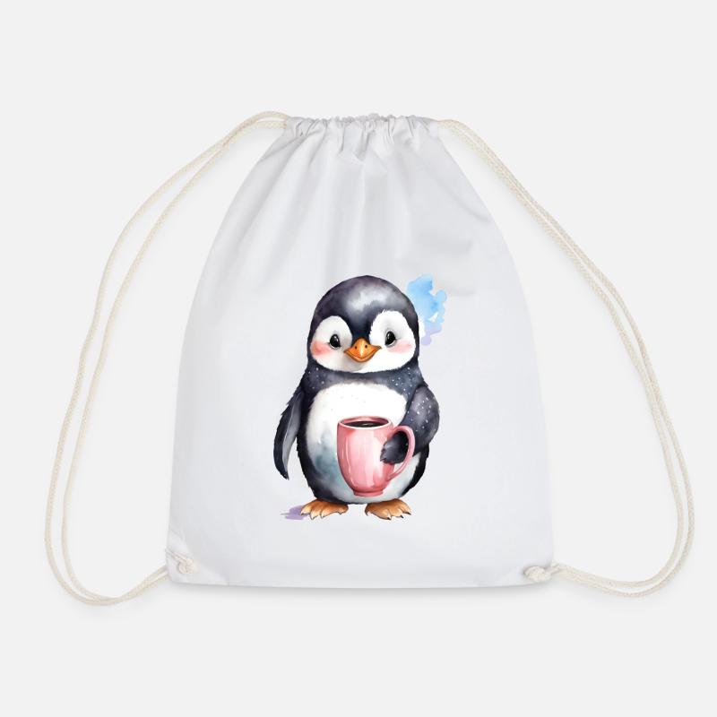 Pinguin mit Kaffee -Aquarellstil - Turnbeutel - Weiß