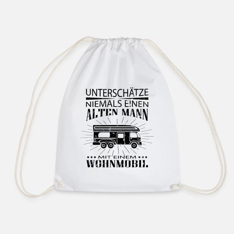 Womo Camping, old man camper camping pension - Drawstring Bag - white