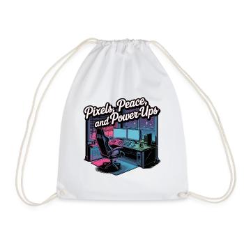 Pixels, Peace & Power-Ups – Gaming Setup - Drawstring Bag - white - Front