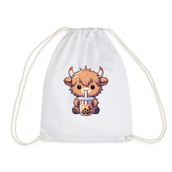 Cows Drinking Bubble Tea kawaii Boba Highland Beef - Drawstring Bag - white - Front