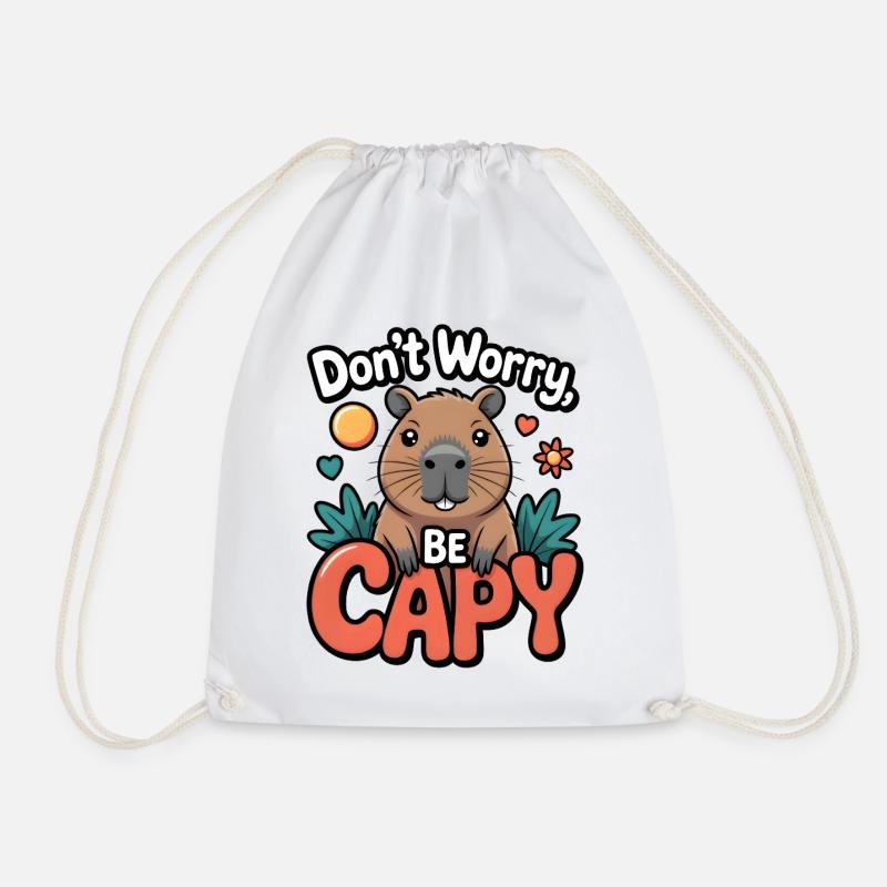 Whimsical Capybara Cheer Illustration - Drawstring Bag - white