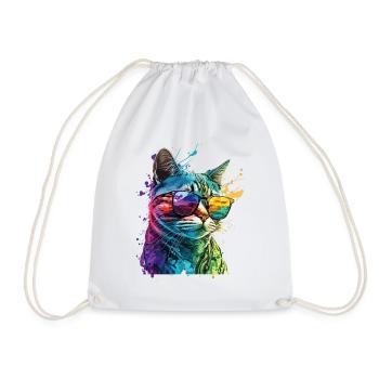 Cat With Sunglasses Splash Colorful Animal Art - Drawstring Bag - white - Front