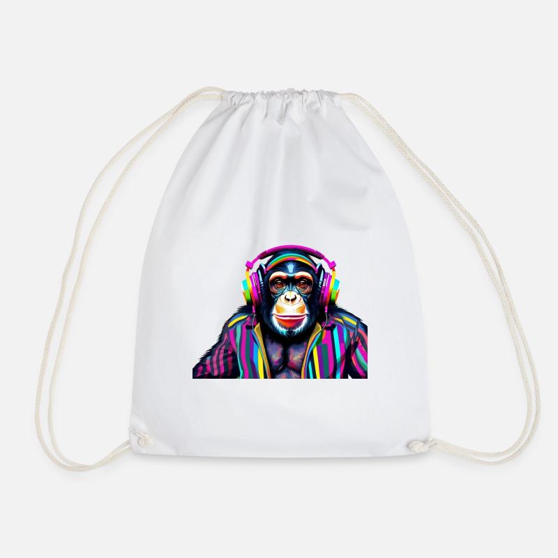 Chimpanzee with headphones in colorful - Drawstring Bag - white