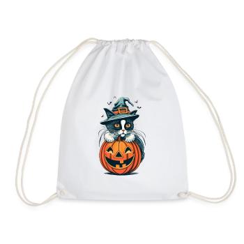 Katze mit Halloween-Hut, die auf einem Kürbis sitzt - Turnbeutel - Weiß - Vorne