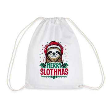 Merry Slothmas, cute sloth wearing Santa hat - Drawstring Bag - white - Front