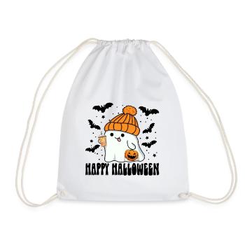 Halloween Ghost with Bubble Tea Jack-o-lantern Hat - Drawstring Bag - white - Front