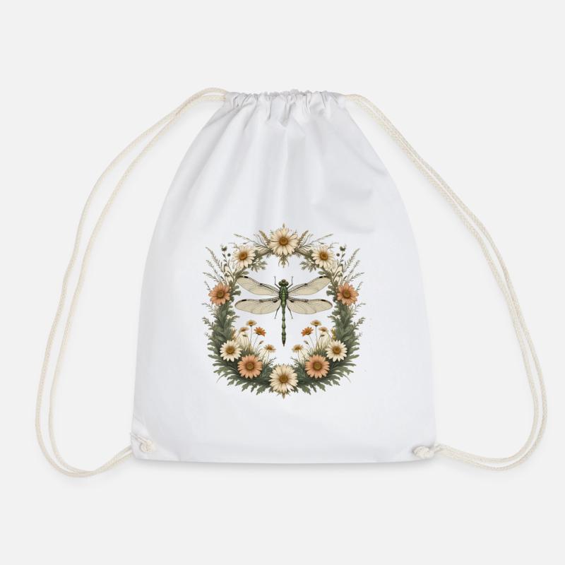 Peace and Nature Mosaic with Dragonfly - Drawstring Bag - white