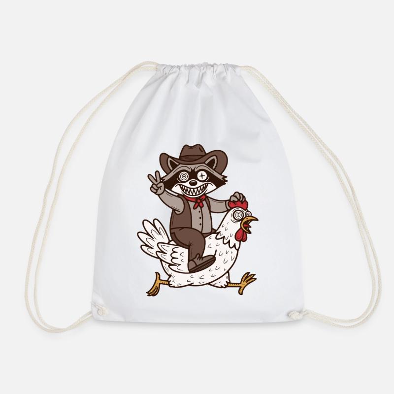 Crazy raccoon rides on crazy chicken - Drawstring Bag - white